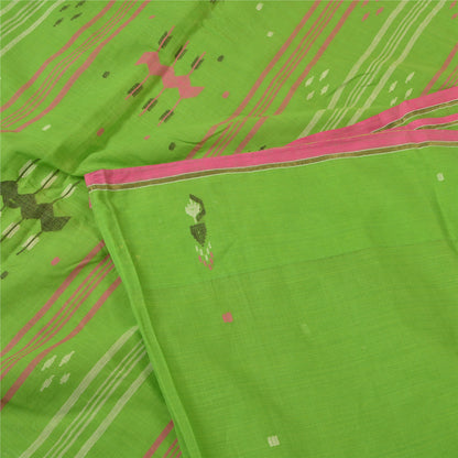 Sanskriti Vintage Sarees Green Tant Hand-Woven Pure Cotton Sari 5yd Craft Sustainable Fabric