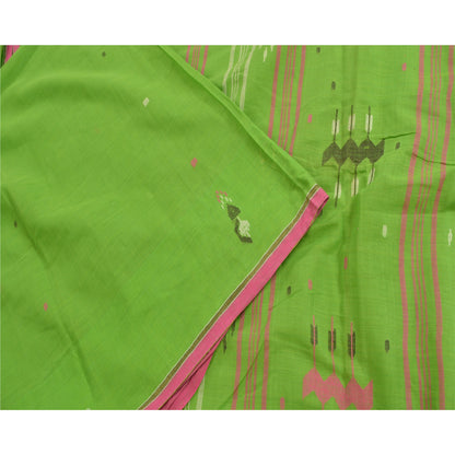 Sanskriti Vintage Sarees Green Tant Hand-Woven Pure Cotton Sari 5yd Craft Sustainable Fabric