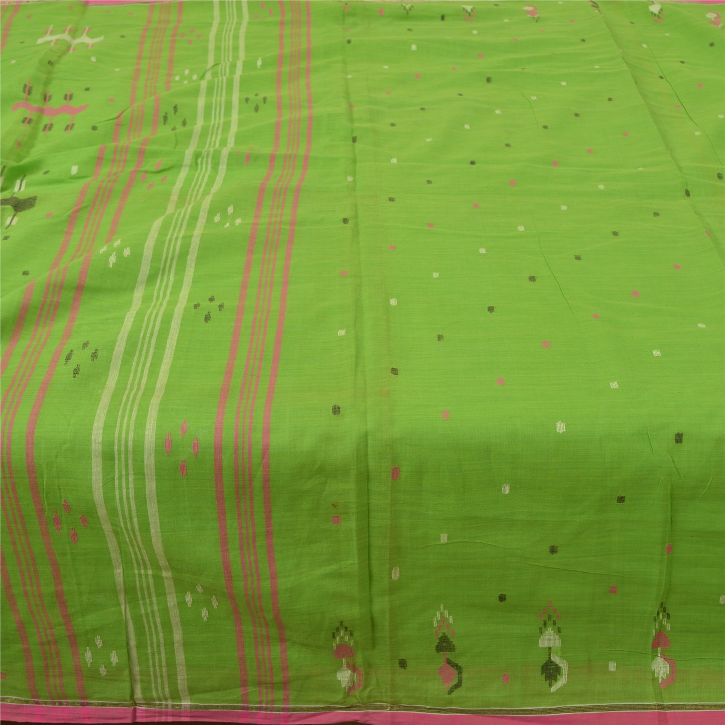 Sanskriti Vintage Sarees Green Tant Hand-Woven Pure Cotton Sari 5yd Craft Sustainable Fabric