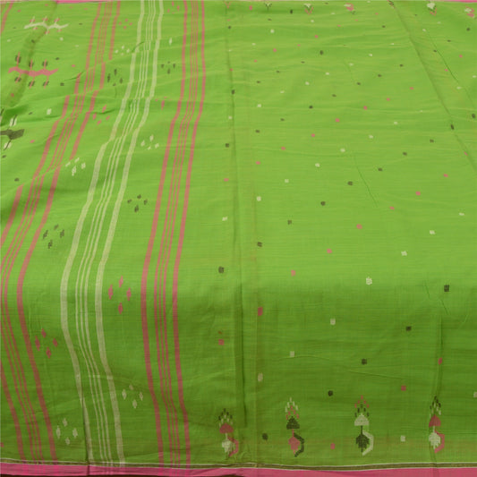 Sanskriti Vintage Sarees Green Tant Hand-Woven Pure Cotton Sari 5yd Craft Sustainable Fabric