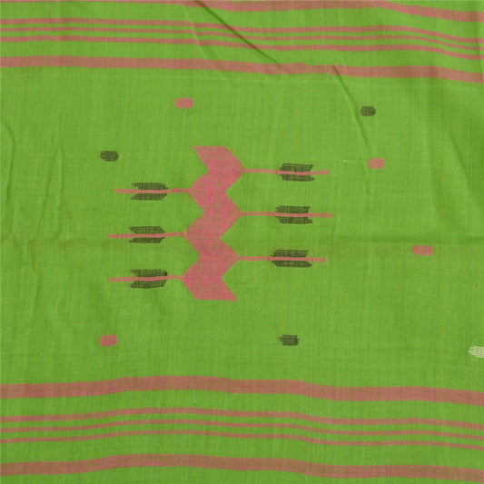 Sanskriti Vintage Sarees Green Tant Hand-Woven Pure Cotton Sari 5yd Craft Sustainable Fabric