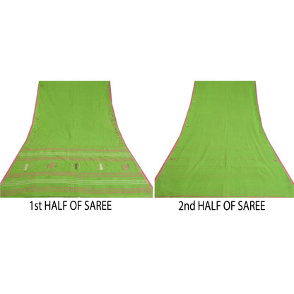 Sanskriti Vintage Sarees Green Tant Hand-Woven Pure Cotton Sari 5yd Craft Sustainable Fabric