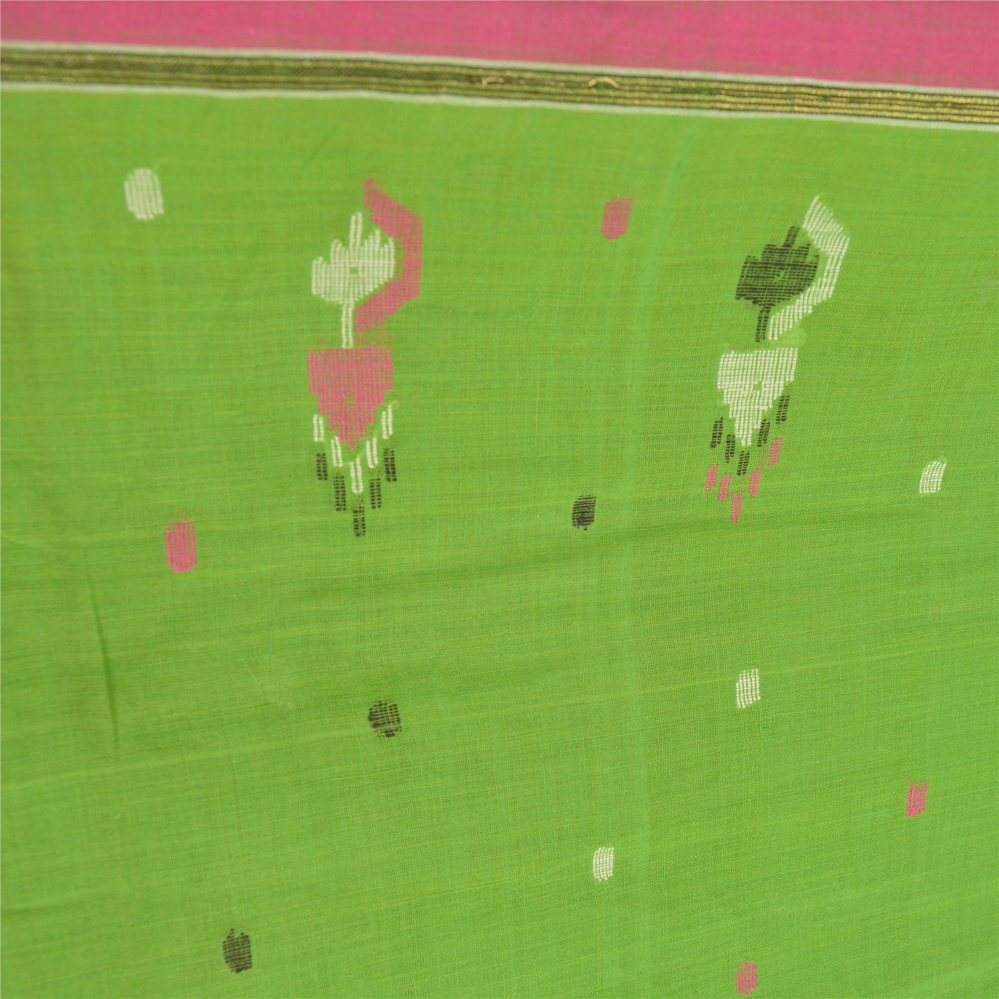 Sanskriti Vintage Sarees Green Tant Hand-Woven Pure Cotton Sari 5yd Craft Sustainable Fabric