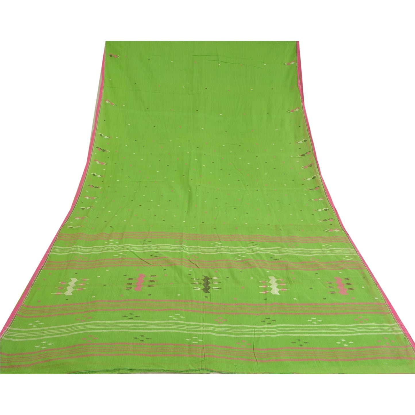 Sanskriti Vintage Sarees Green Tant Hand-Woven Pure Cotton Sari 5yd Craft Sustainable Fabric