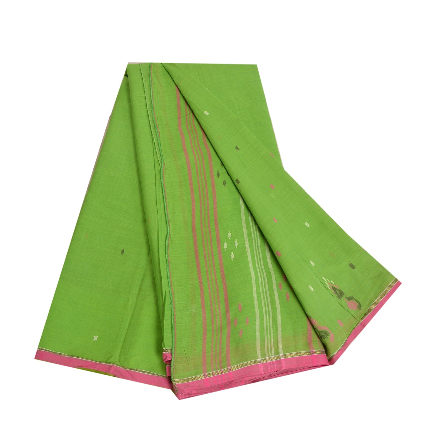 Sanskriti Vintage Sarees Green Tant Hand-Woven Pure Cotton Sari 5yd Craft Sustainable Fabric