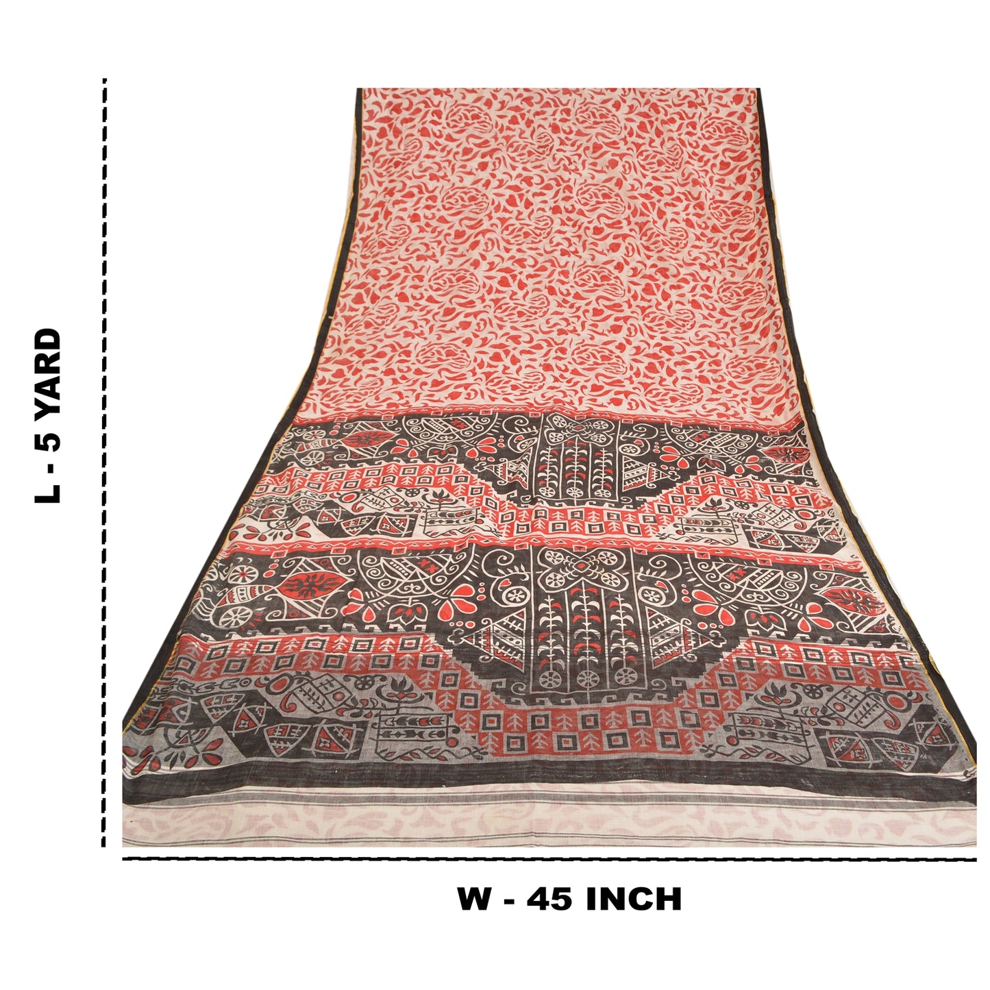 Sanskriti Vintage Sarees Ivory/Red Printed 100% Pure Cotton Sari Craft Sustainable Fabric