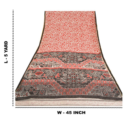 Sanskriti Vintage Sarees Ivory/Red Printed 100% Pure Cotton Sari Craft Sustainable Fabric