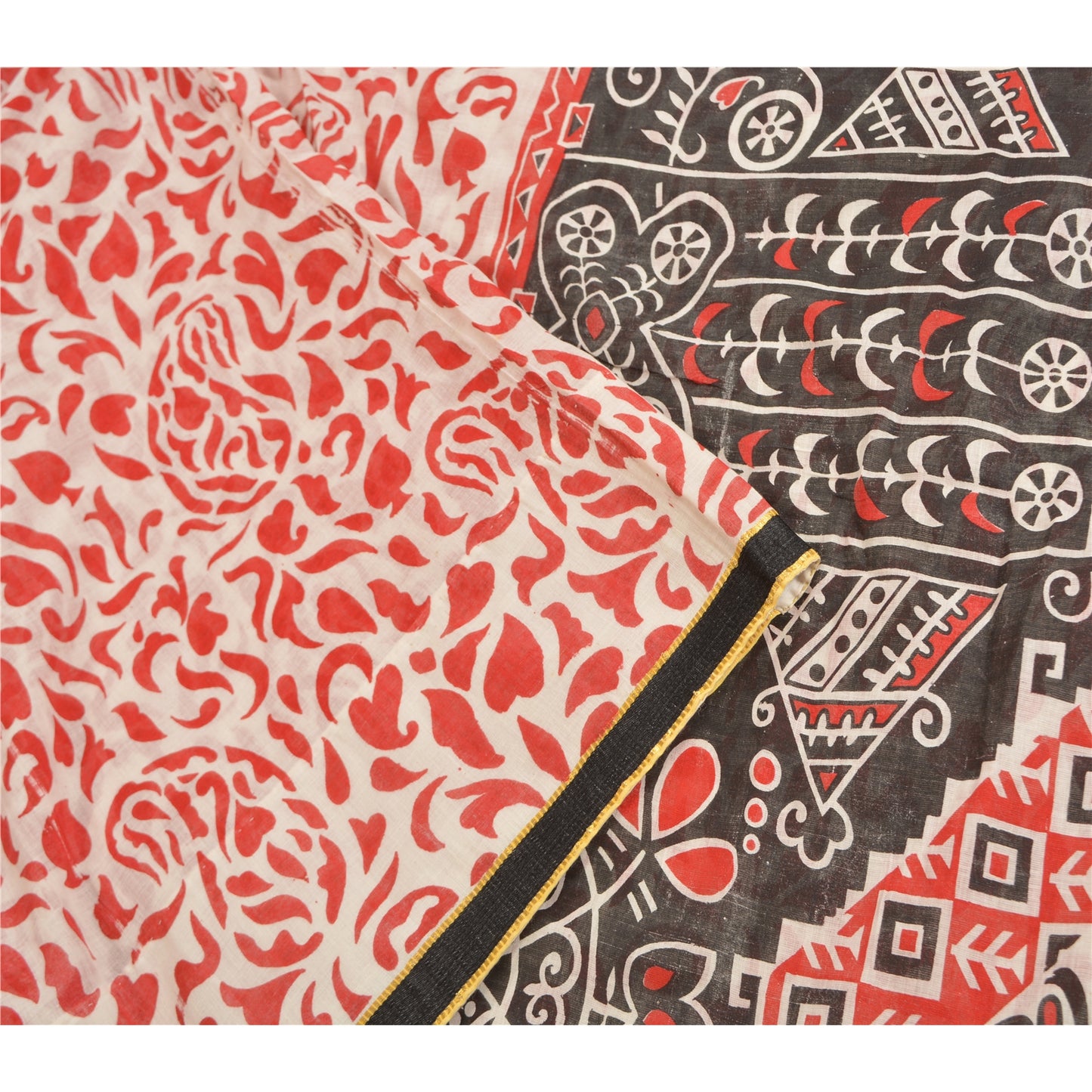 Sanskriti Vintage Sarees Ivory/Red Printed 100% Pure Cotton Sari Craft Sustainable Fabric
