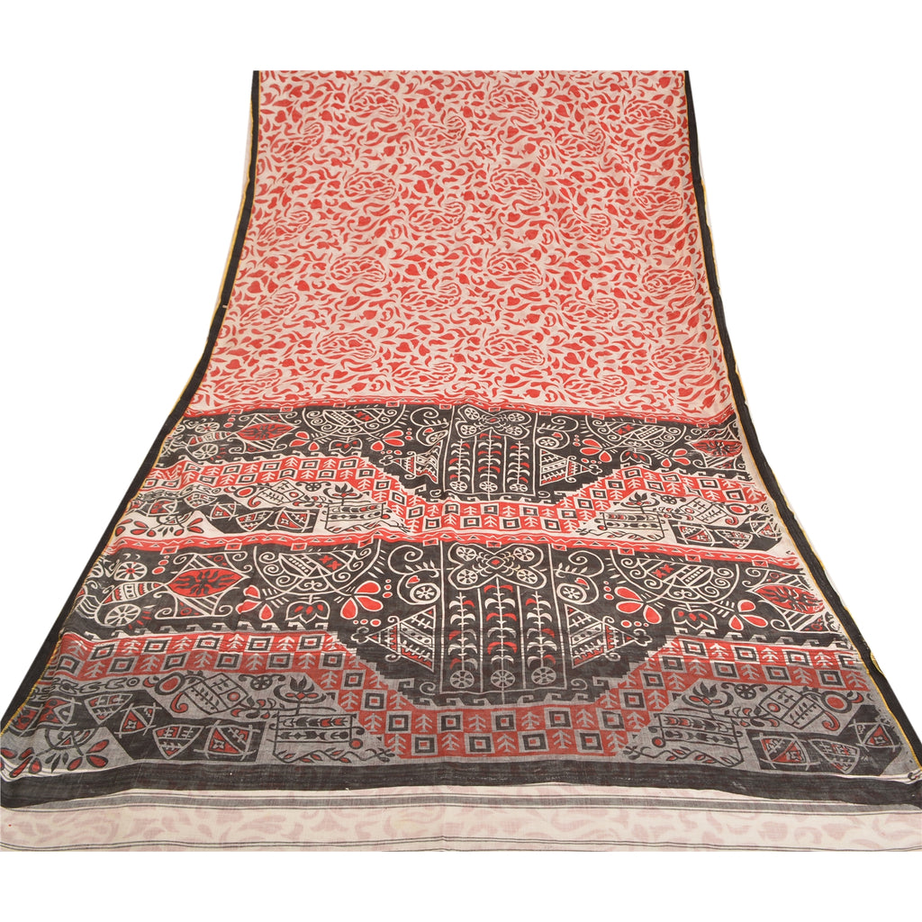 Sanskriti Vintage Sarees Ivory/Red Printed 100% Pure Cotton Sari Craft Sustainable Fabric