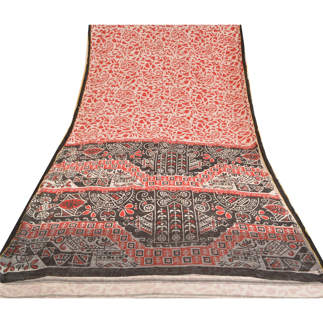 Sanskriti Vintage Sarees Ivory/Red Printed 100% Pure Cotton Sari Craft Fabric