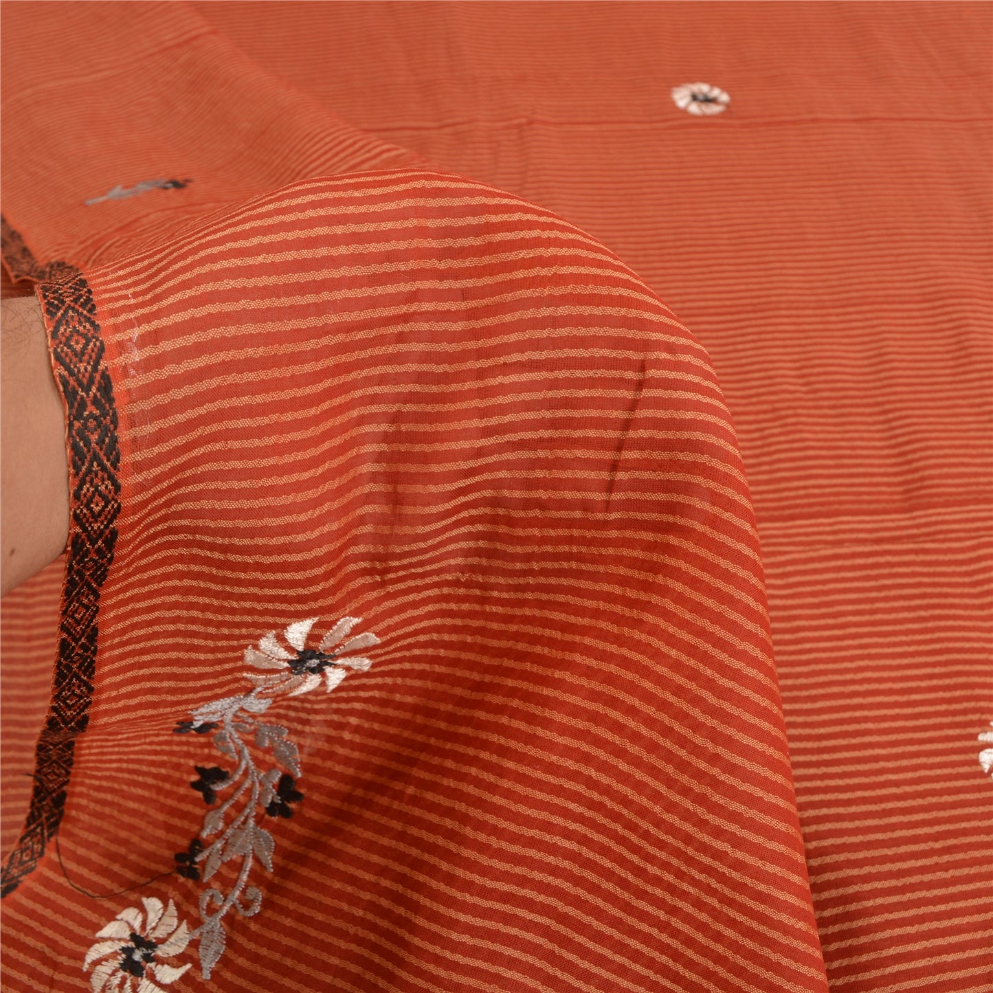 Sanskriti Vintage Sarees Orange Embroidered Pure Cotton Sari Woven Craft Sustainable Fabric