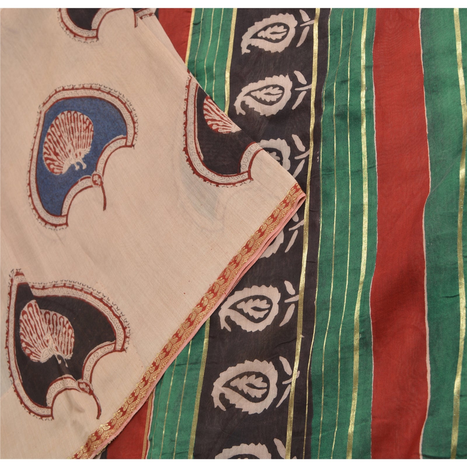 Sanskriti Vintage Sari 100% Pure Chanderi Cotton Saree Ivory Hand-Block Print 5yd Fabric Floral DesignCreate Dresses, Kaftans, Skirts,