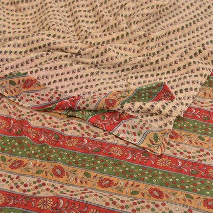 Sanskriti Vintage Sarees Indian Cream Printed Pure Cotton Sari 5yd Craft Sustainable Fabric
