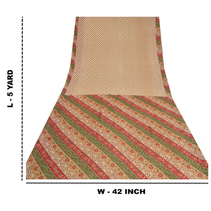 Sanskriti Vintage Sarees Indian Cream Printed Pure Cotton Sari 5yd Craft Sustainable Fabric