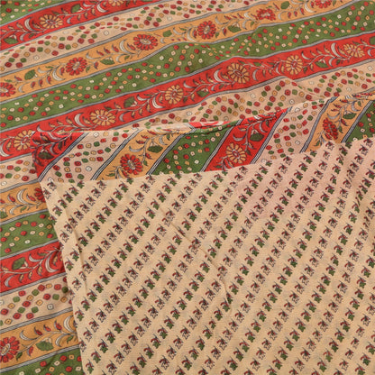 Sanskriti Vintage Sarees Indian Cream Printed Pure Cotton Sari 5yd Craft Sustainable Fabric