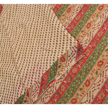 Sanskriti Vintage Sarees Indian Cream Printed Pure Cotton Sari 5yd Craft Sustainable Fabric