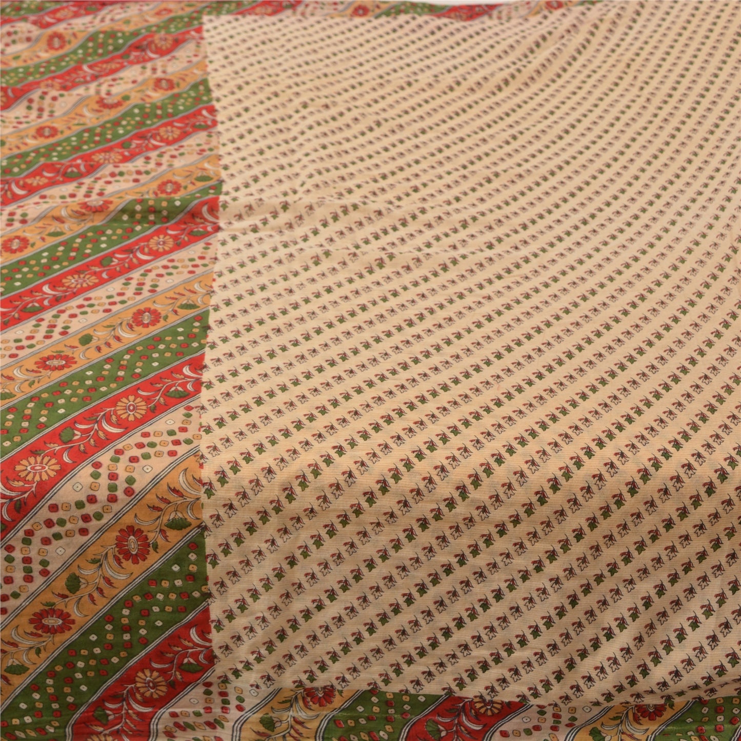 Sanskriti Vintage Sarees Indian Cream Printed Pure Cotton Sari 5yd Craft Sustainable Fabric