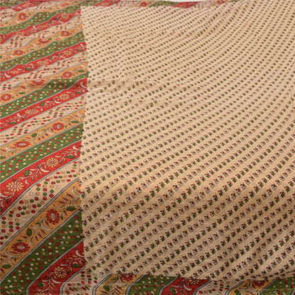 Sanskriti Vintage Sarees Indian Cream Printed Pure Cotton Sari 5yd Craft Sustainable Fabric
