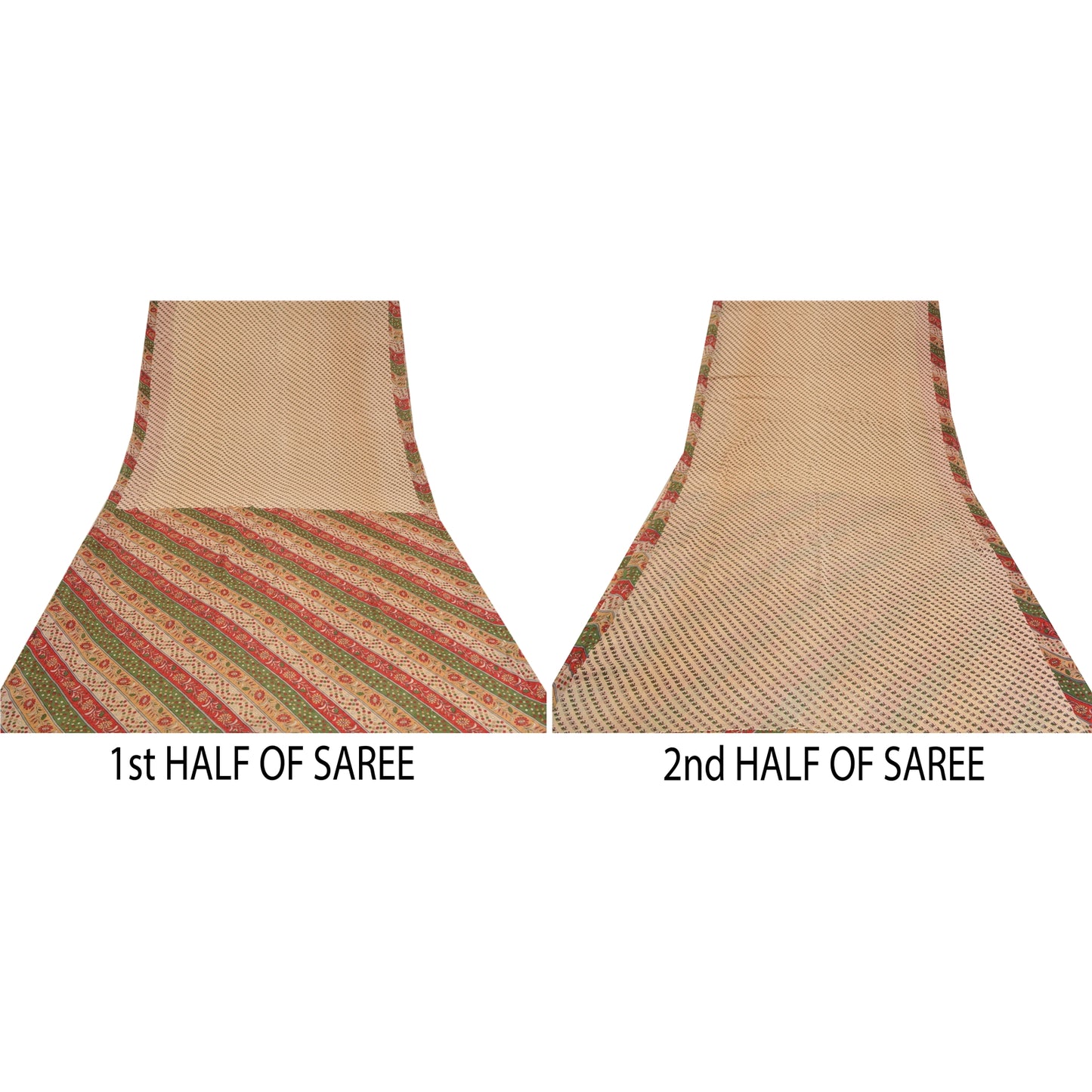 Sanskriti Vintage Sarees Indian Cream Printed Pure Cotton Sari 5yd Craft Sustainable Fabric