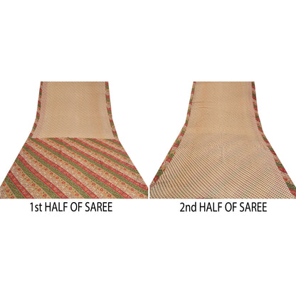 Sanskriti Vintage Sarees Indian Cream Printed Pure Cotton Sari 5yd Craft Sustainable Fabric