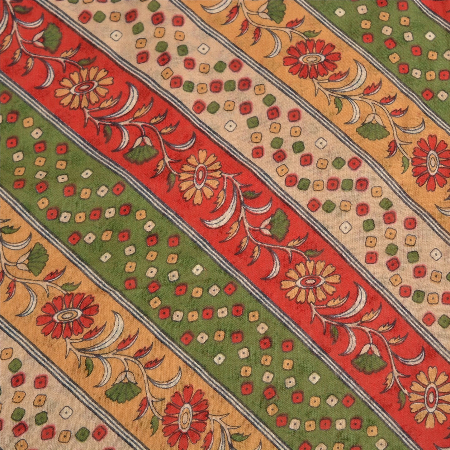 Sanskriti Vintage Sarees Indian Cream Printed Pure Cotton Sari 5yd Craft Sustainable Fabric