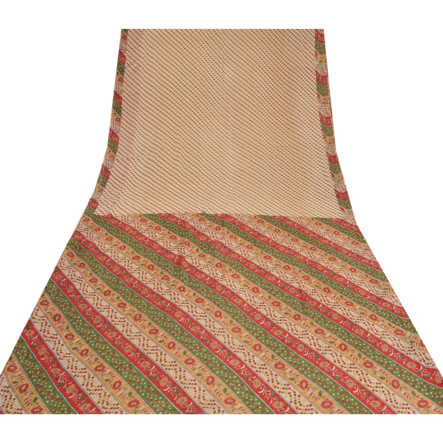 Sanskriti Vintage Sarees Indian Cream Printed Pure Cotton Sari 5yd Craft Sustainable Fabric