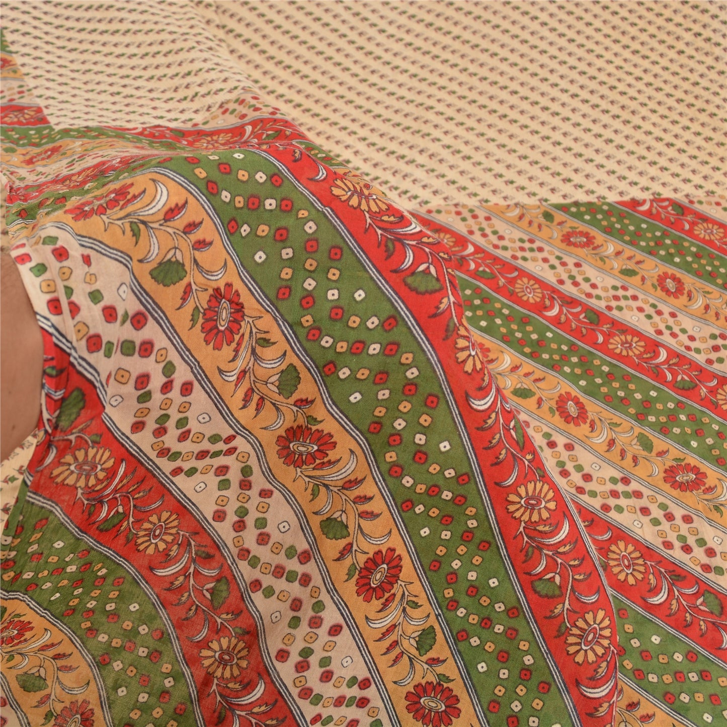 Sanskriti Vintage Sarees Indian Cream Printed Pure Cotton Sari 5yd Craft Sustainable Fabric