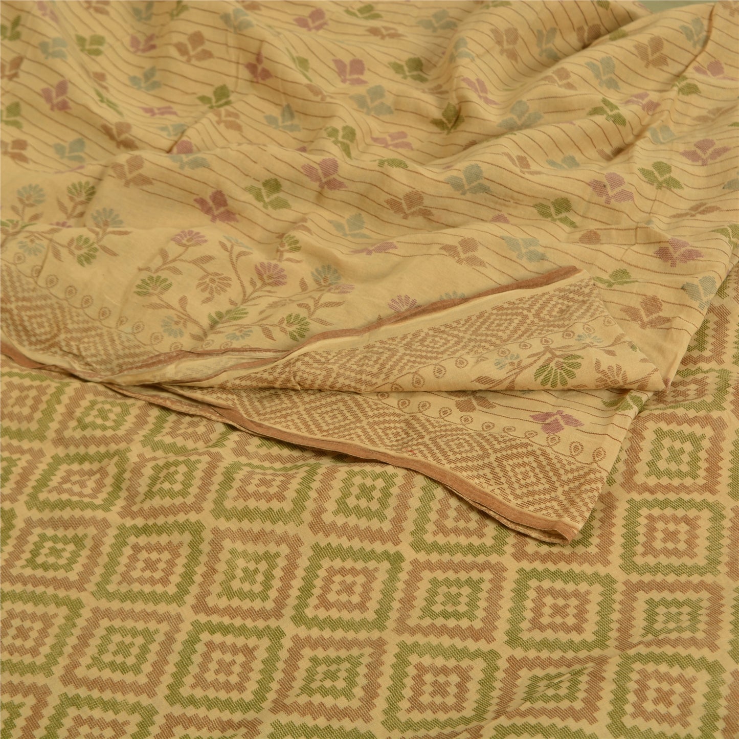 Sanskriti Vintage Sarees Indian Beige Printed Pure Cotton Sari 5yd Craft Sustainable Fabric