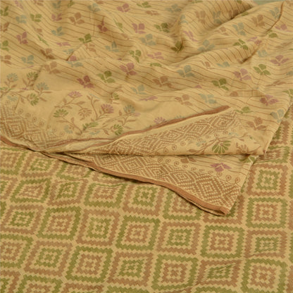 Sanskriti Vintage Sarees Indian Beige Printed Pure Cotton Sari 5yd Craft Sustainable Fabric