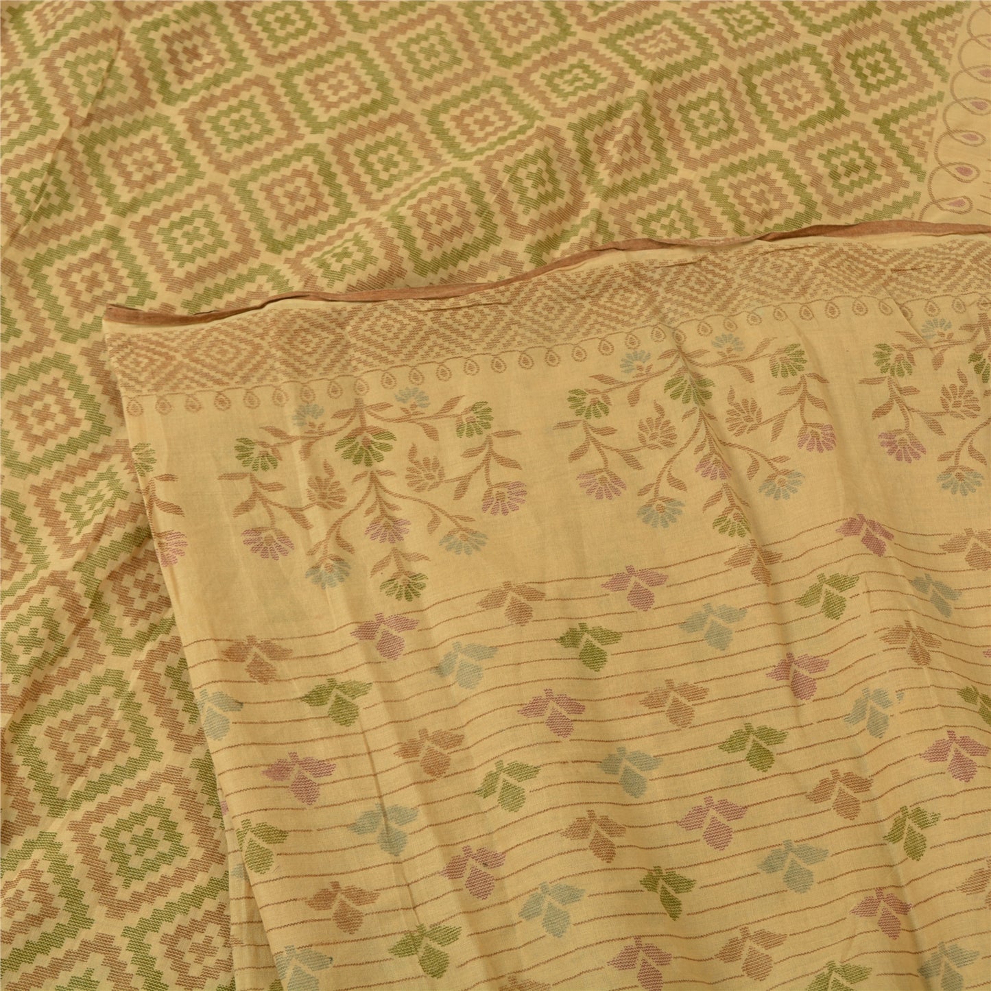 Sanskriti Vintage Sarees Indian Beige Printed Pure Cotton Sari 5yd Craft Sustainable Fabric