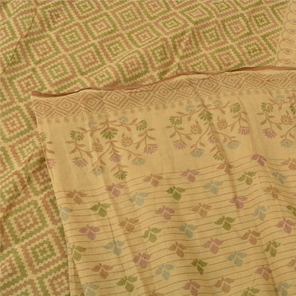 Sanskriti Vintage Sarees Indian Beige Printed Pure Cotton Sari 5yd Craft Sustainable Fabric