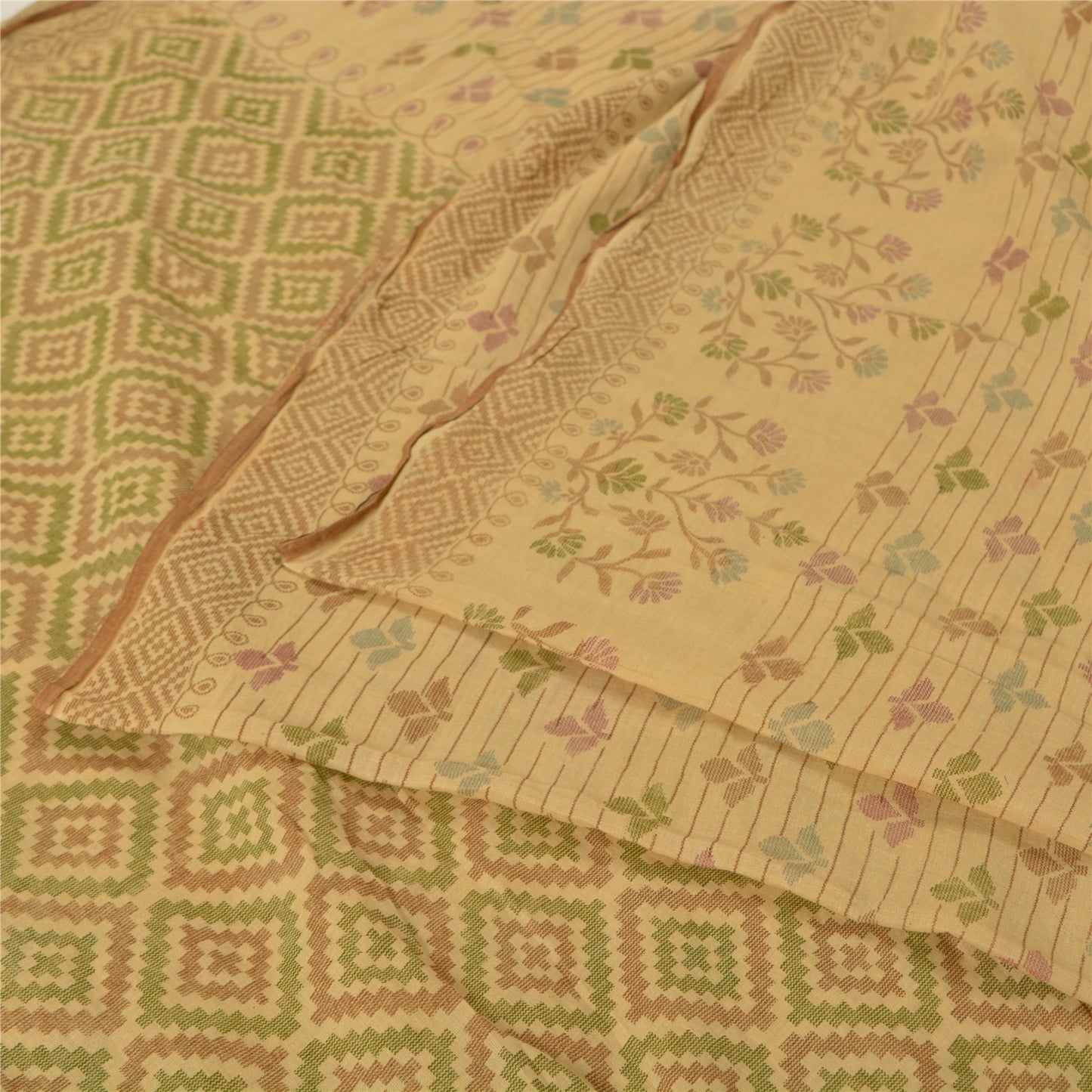 Sanskriti Vintage Sarees Indian Beige Printed Pure Cotton Sari 5yd Craft Sustainable Fabric