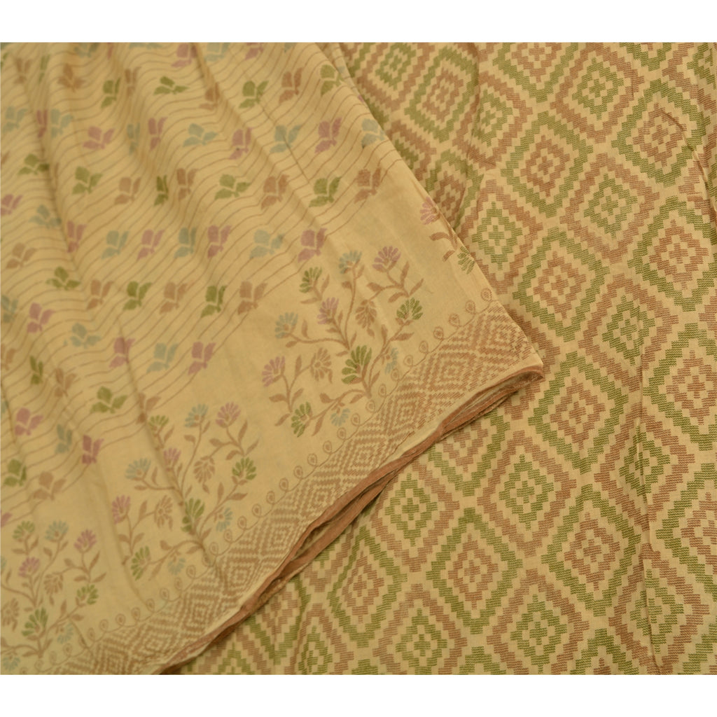 Sanskriti Vintage Sarees Indian Beige Printed Pure Cotton Sari 5yd Craft Sustainable Fabric
