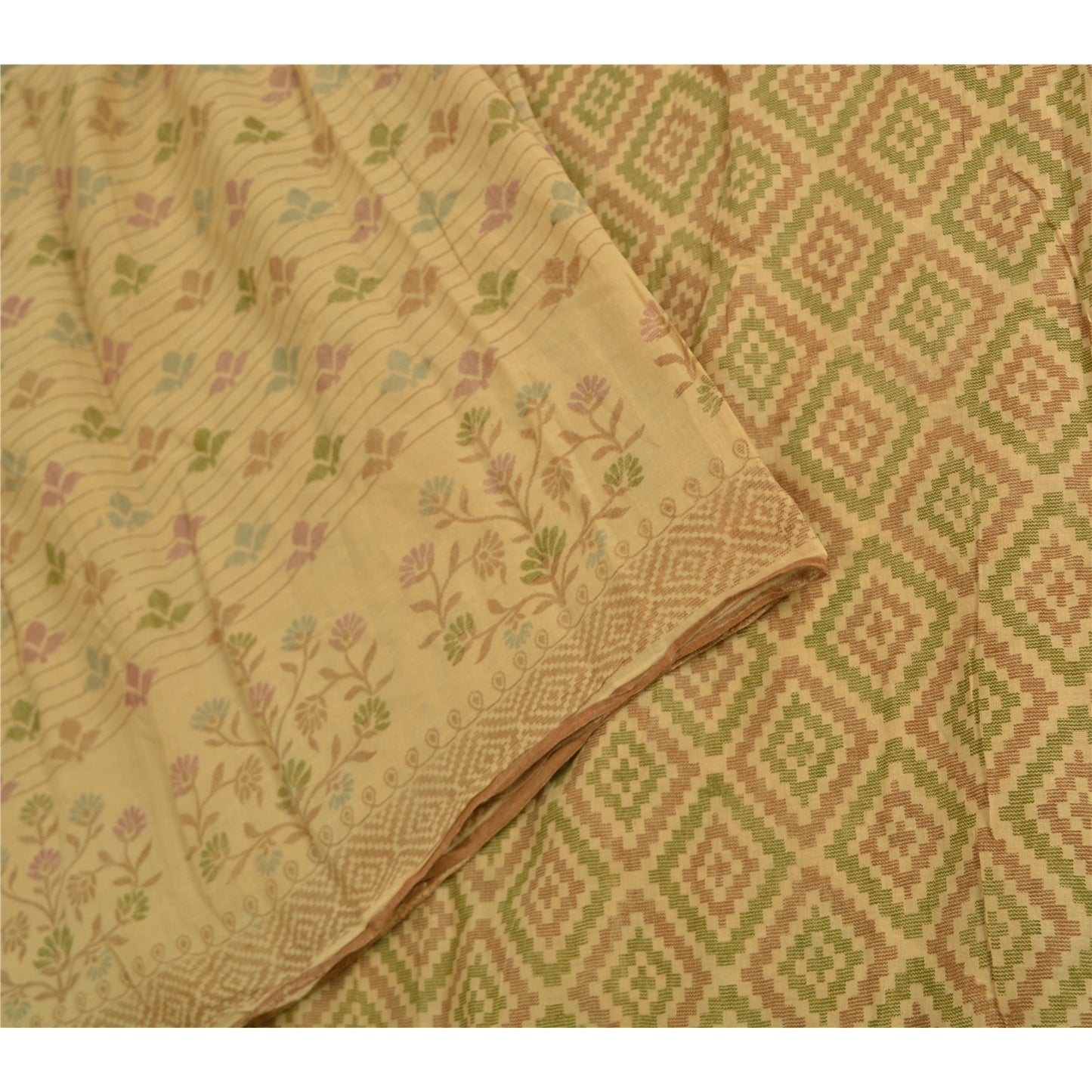 Sanskriti Vintage Sarees Indian Beige Printed Pure Cotton Sari 5yd Craft Sustainable Fabric
