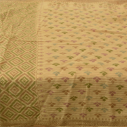 Sanskriti Vintage Sarees Indian Beige Printed Pure Cotton Sari 5yd Craft Sustainable Fabric