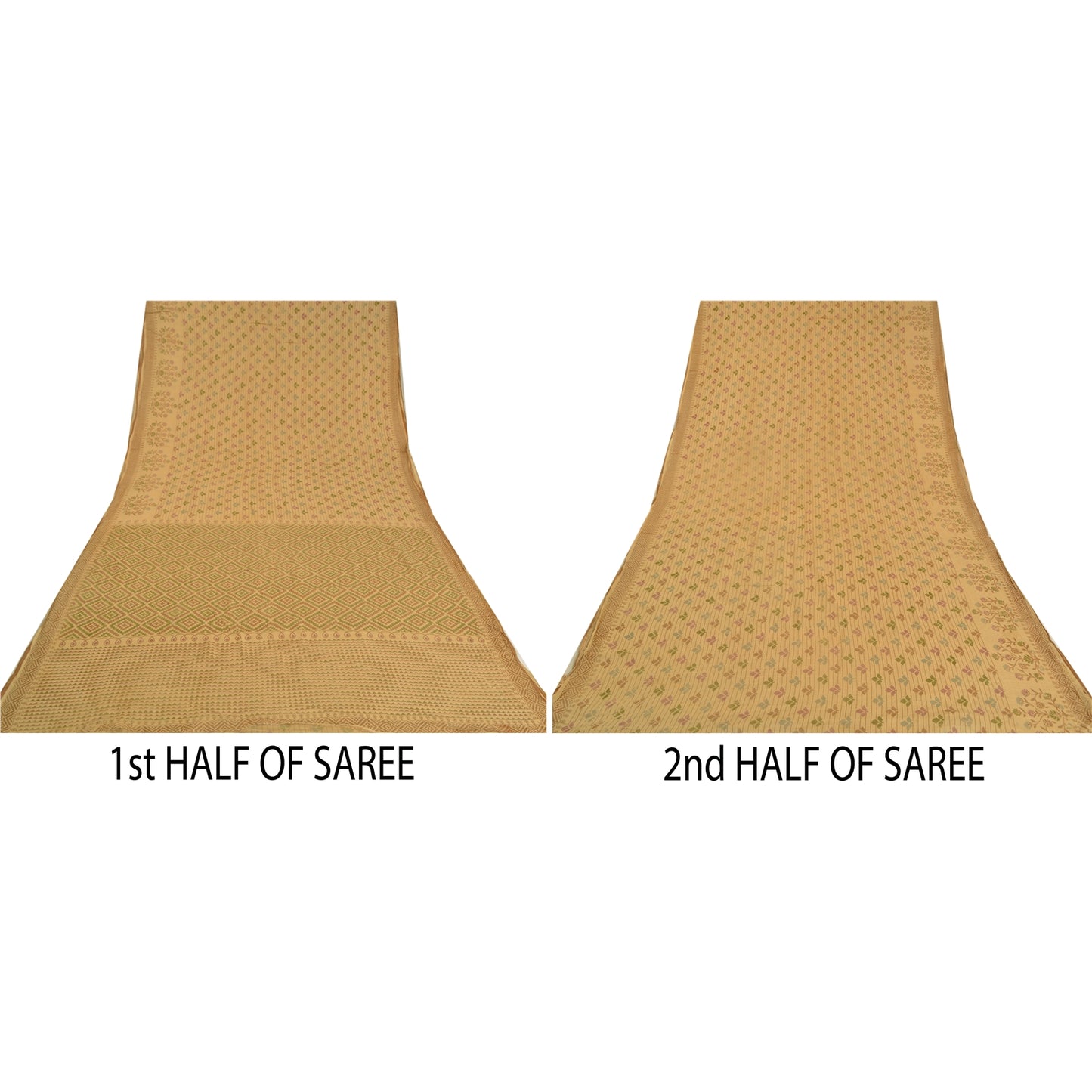 Sanskriti Vintage Sarees Indian Beige Printed Pure Cotton Sari 5yd Craft Sustainable Fabric