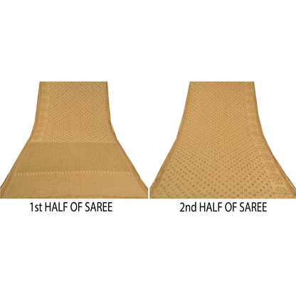 Sanskriti Vintage Sarees Indian Beige Printed Pure Cotton Sari 5yd Craft Sustainable Fabric