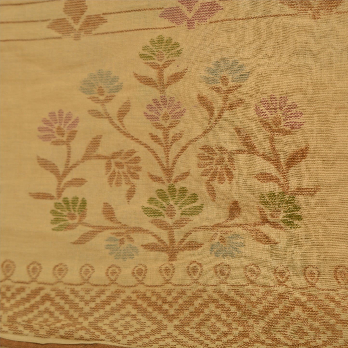 Sanskriti Vintage Sarees Indian Beige Printed Pure Cotton Sari 5yd Craft Sustainable Fabric
