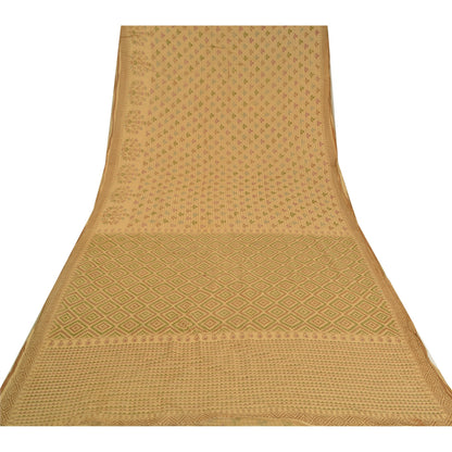 Sanskriti Vintage Sarees Indian Beige Printed Pure Cotton Sari 5yd Craft Sustainable Fabric