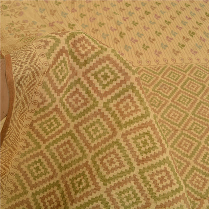 Sanskriti Vintage Sarees Indian Beige Printed Pure Cotton Sari 5yd Craft Sustainable Fabric