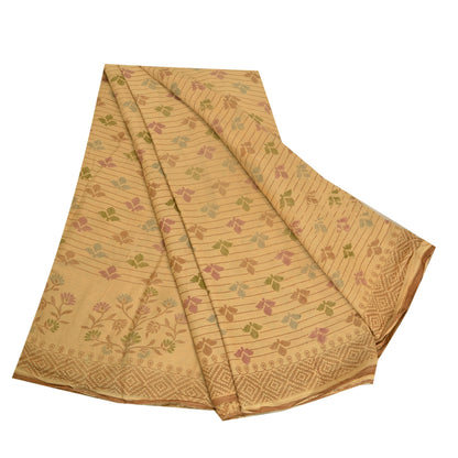 Sanskriti Vintage Sarees Indian Beige Printed Pure Cotton Sari 5yd Craft Sustainable Fabric