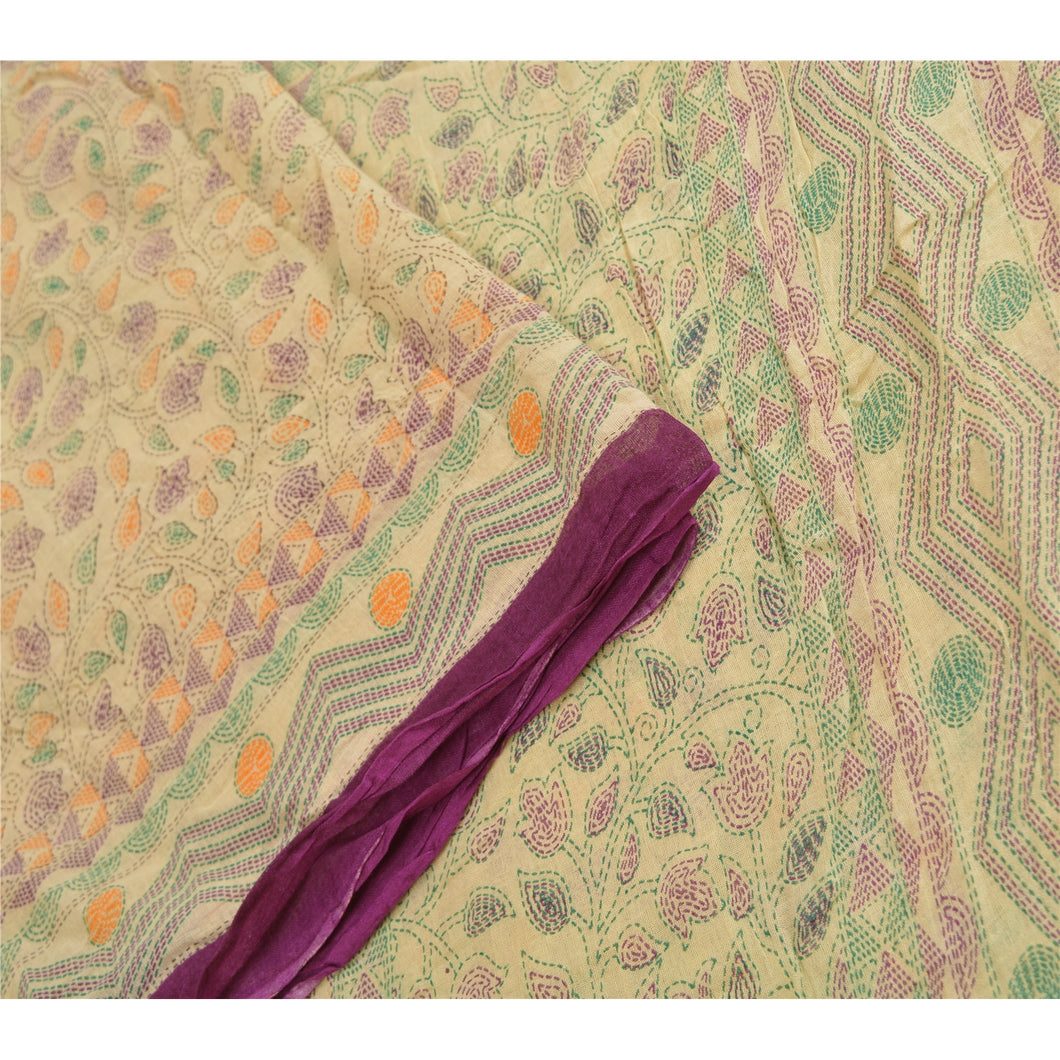 Sanskriti Vintage Sarees Beige Kantha Printed Pure Cotton Sari 5yd Craft Fabric