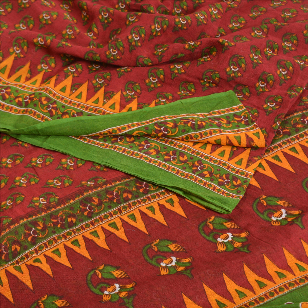 Сари Sanskriti Vintage темно-красного цвета, 100% чистый хлопок, напечатанное сари, 5 ярдов, ткань для рукоделия, устойчивая к истиранию
