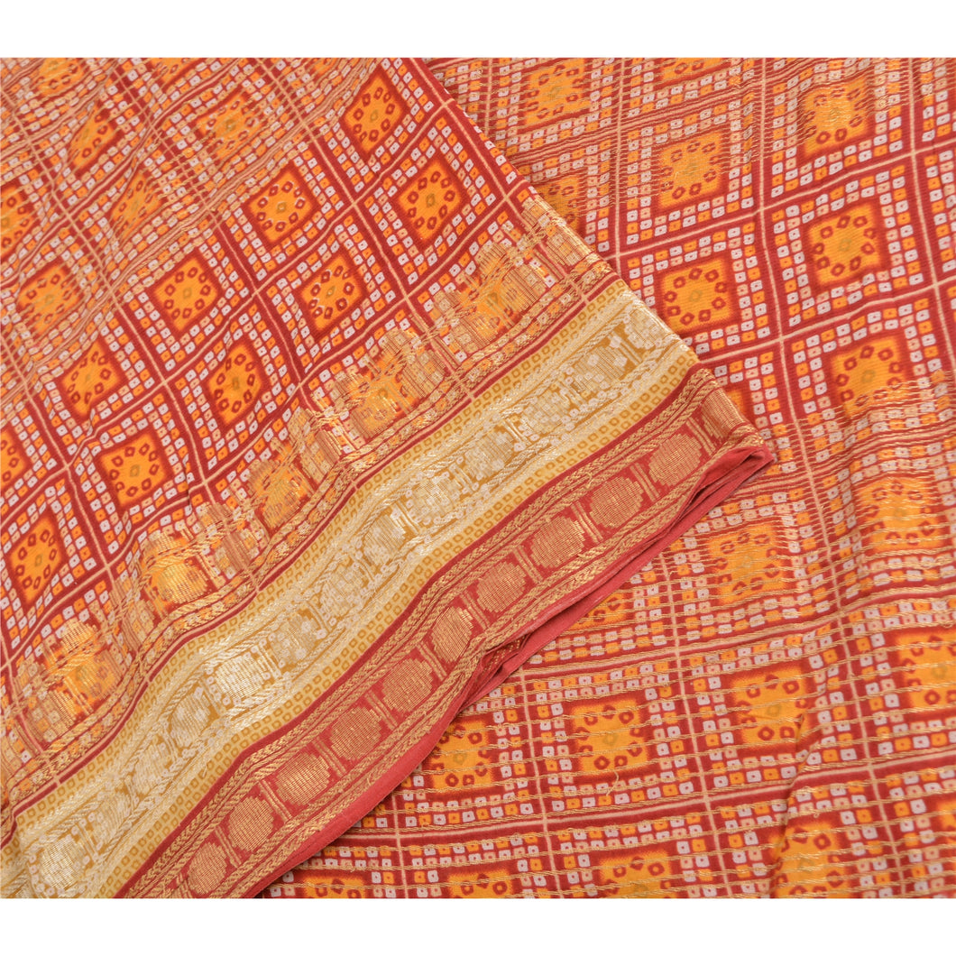 Sanskriti Vintage Sarees Red Bandhani Print Woven Pure Cotton Sari Craft Fabric
