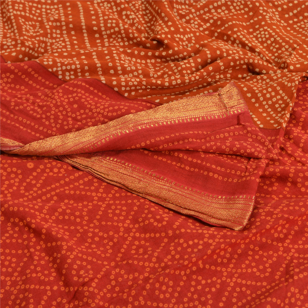 Sanskriti Vintage Sarees Red Bandhani Print Zari Border Pure Cotton Sari Fabric