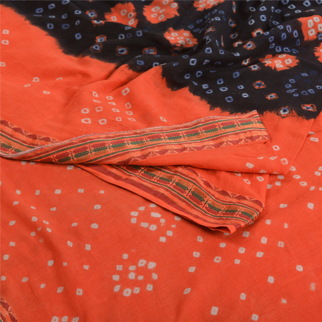 Sanskriti Vintage Sarees Orange/Black Pure Cotton Bandhani Printed Sari Fabric