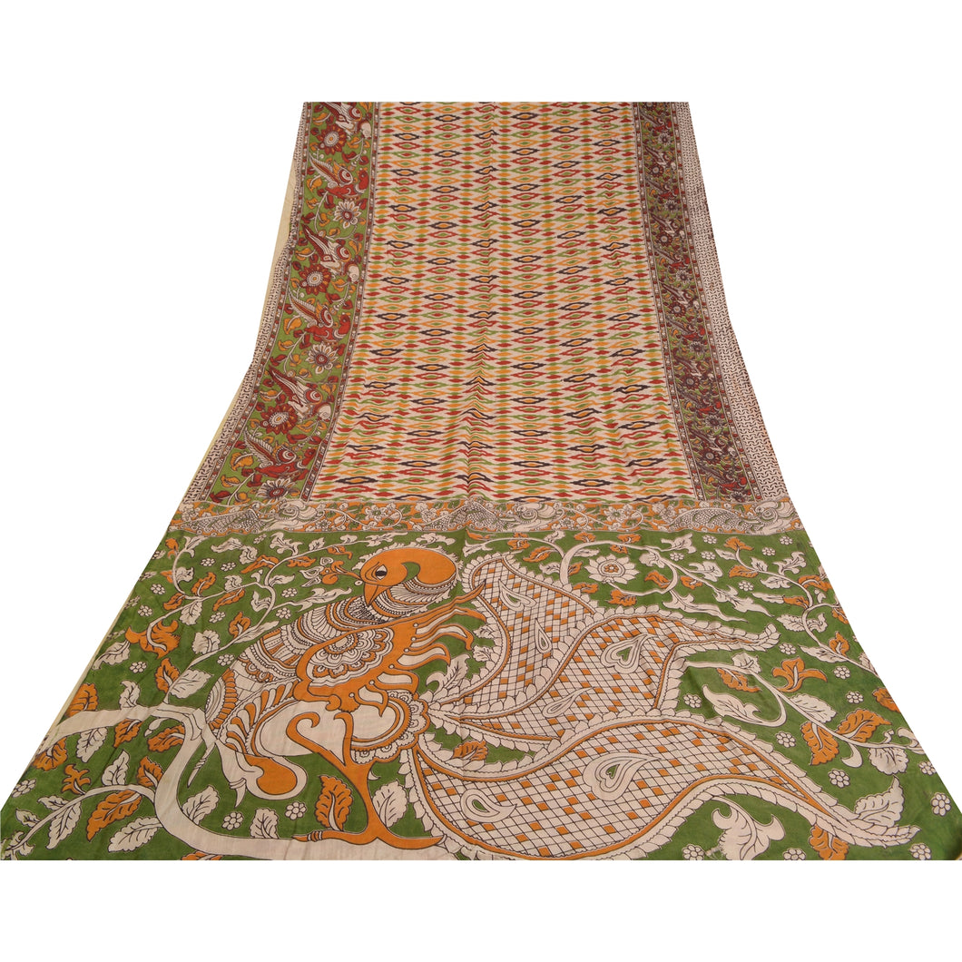 Sanskriti Vintage Sarees Handmade Kalamkari/Ikat Printed Pure Cotton Sari Fabric
