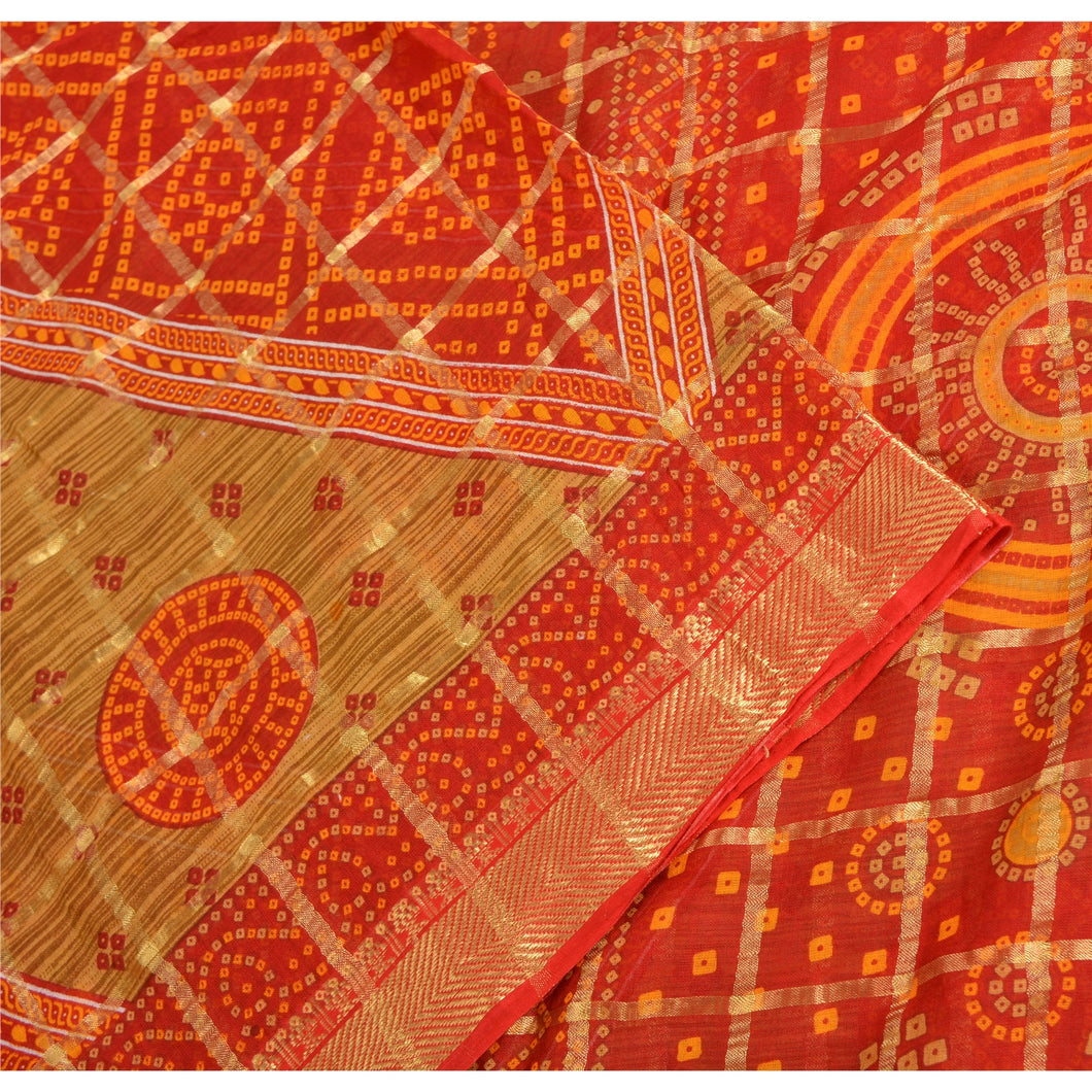 Sanskriti Vintage Sarees Red/Green Bandhani Print Woven Pure Cotton Sari Fabric