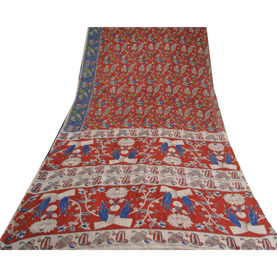 Sanskriti Vintage Sarees Red Handmade Kalamkari Pure Cotton Printed Sari Fabric