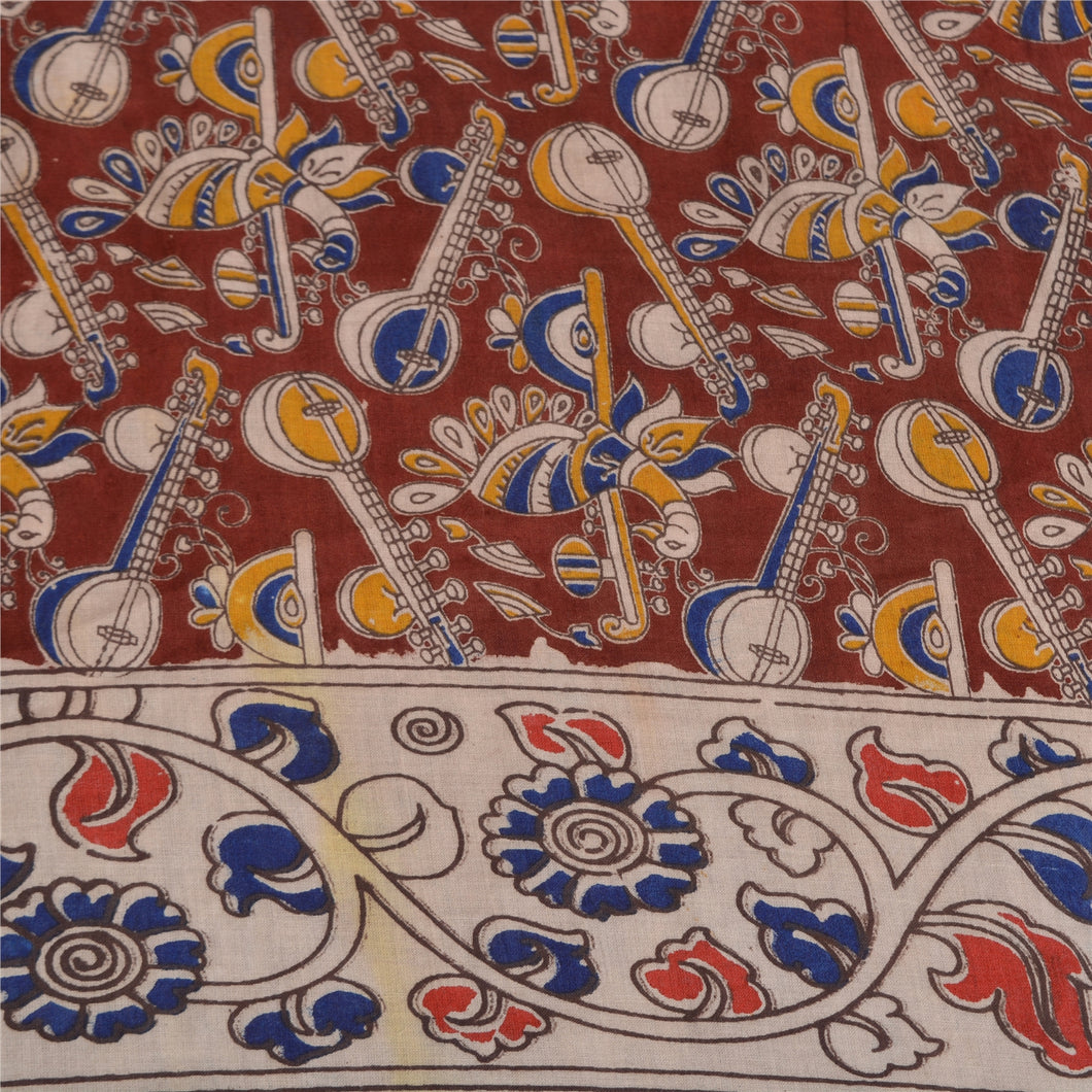 Sanskriti Vintage Sarees Handmade Kalamkari Peacock Print PureCotton Sari Fabric